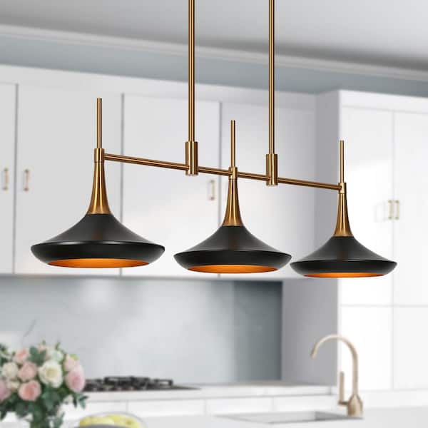 LNC Modern 3-Light Large Black Linear Kitchen Island Chandelier Mid-Century Plating Brass Dining Pendant with Metal Shades