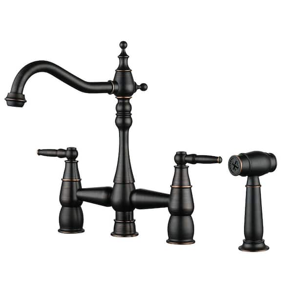 Vintage Double Handle Bridge Kitchen Faucet with Faucet-Side Sprayer in Oil Rubbed Bronze
