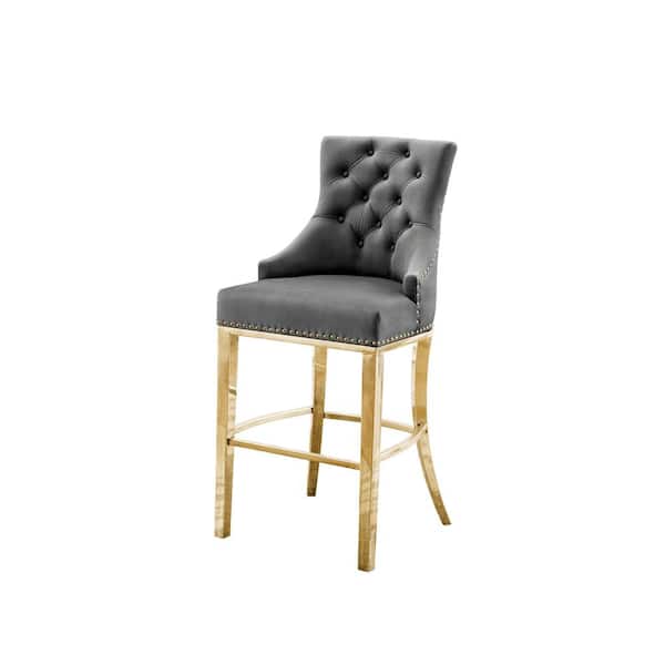 Best Quality Furniture Jennifer 24 in. H Dark Gray Velvet Upholstered Full Back Counter Height with Gold Stainless Steel Legs (Set of 2)