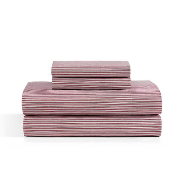 Highland Ticking Stripe 4-Piece White/Red/Dark Blue Cotton Queen Sheet Set