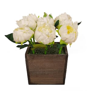 10 in. Artificial Floral Arrangements Peony in Square Wooden Box Color: Whitex
