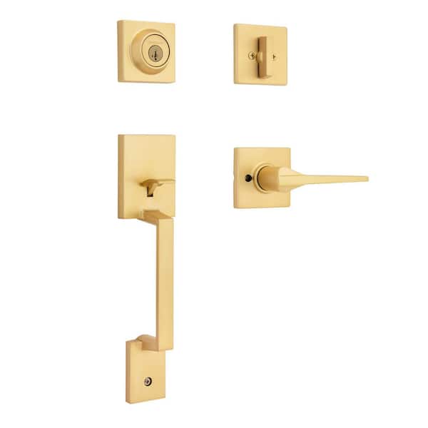 Amador Satin Brass Single Cylinder Keyed Entry Door Handleset with Hollis Interior Door Handle ft SmartKey Security