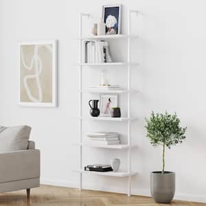 Theo 85 in. Matte White Reclaimed Wood 6-Shelf Tall Ladder Bookshelf Wall Mount Bookcase with White Metal Frame