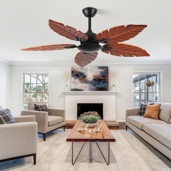 52 in. Black Bronze Solid Wood Palm Leaf Tropical Downrod Mount Standard Ceiling Fan with Remote Control No Light