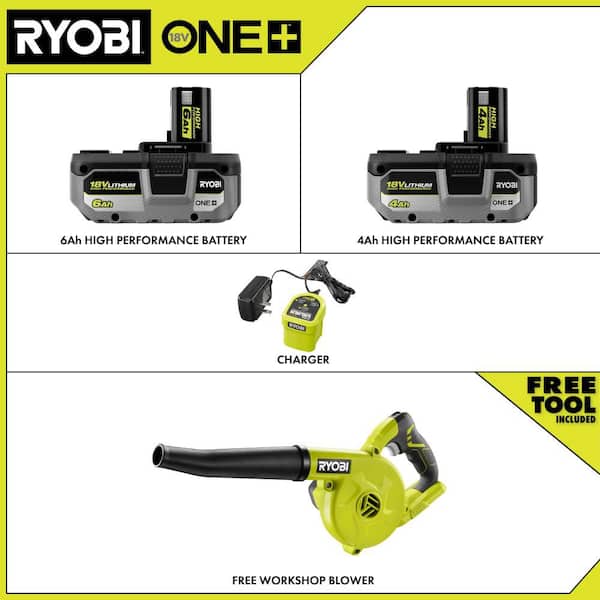 ONE+ 18V Lithium-Ion HIGH PERFORMANCE Kit w/ 4 Ah Battery, 6 Ah Battery, Charger, & FREE ONE+ Compact Workshop Blower