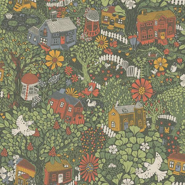 A-Street Prints Green Bygga Bo Green Woodland Village Wallpaper Sample