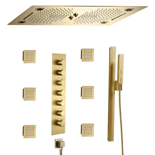 6-Spray Luxury Ceiling Mount Thermostatic Fixed Handheld Shower Head 3 Functions Shower Faucet 2.5 GPM in Brushed Gold