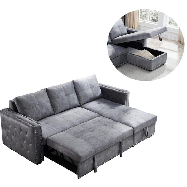 Gray Velvet Sleeper Sectional Sofa, Sectional Sofa Grey Velvet