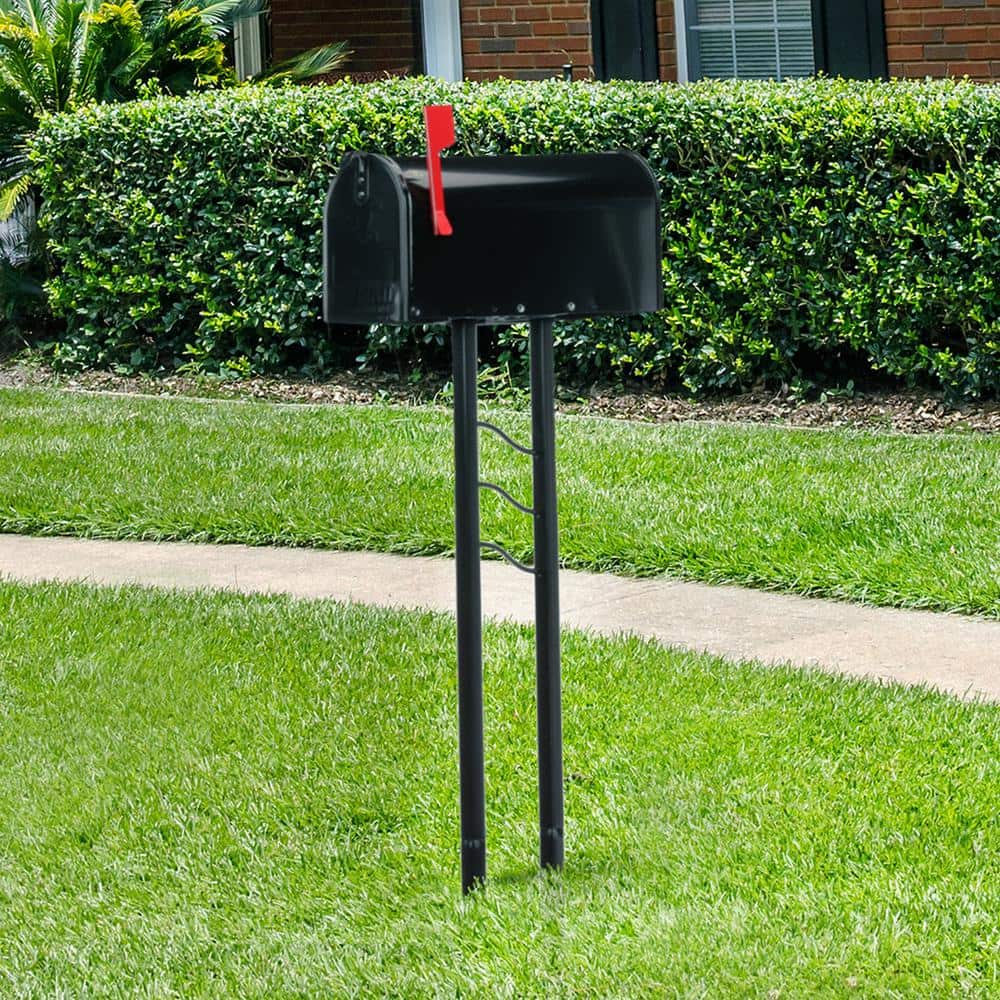 Medium Black Steel Post Mount Mailbox with Decorative Scroll