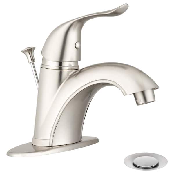 Pacific Bay Quincy 4 in. Centerset Single-Handle Arc Spout Bathroom Faucet with Pop-Up Drain Assembly in Brushed Satin Nickel