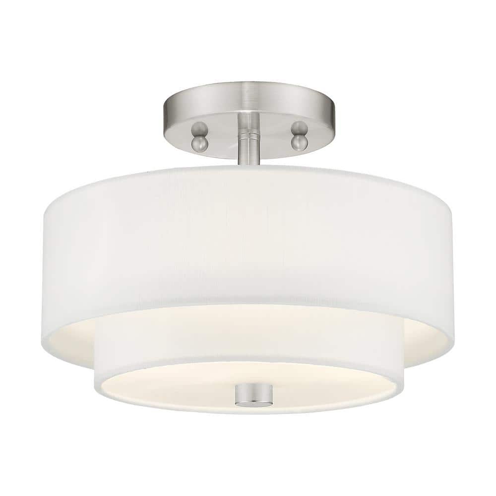 Claremont Brushed Nickel 2-Light Semi-Flush Mount with Off-White Drum Shade