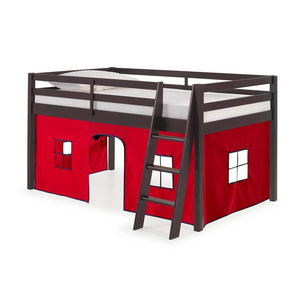 Espresso Twin Pine Junior Loft Bed with Red Playhouse Tent