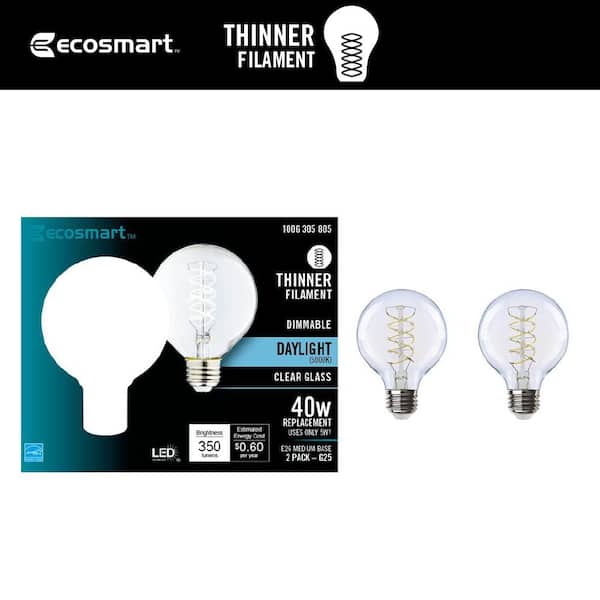 EcoSmart 40-Watt Equivalent G25 Dimmable Fine Bendy Filament LED Vintage Edison Light Bulb Daylight (2-Pack)