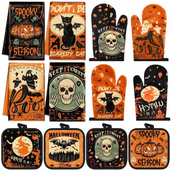 Black and White Gothic Halloween Cotton Linen Kitchen Towels Oven Mitts and Pot Holders Set, 12 Pieces
