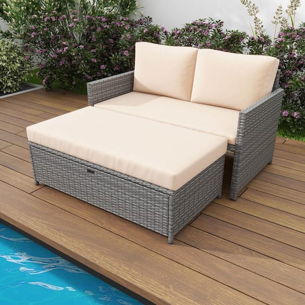 2-Piece Wicker Outdoor Loveseat with 31 Gal Multifunctional Storage Ottoman and Soft Brown Cushions