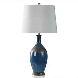 35 in. Blue Glazed, Matte Brown, Black Nickel Table Lamp with Light Grey Linen Shade