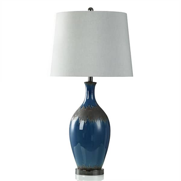 StyleCraft 35 in. Blue Glazed, Matte Brown, Black Nickel Table Lamp with Light Grey Linen Shade