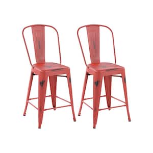 THOCAR 24 in. Kitchen Counter Height Red Metal Bar Stools with Slat High Backrest, Indoor Outdoor Set of 2