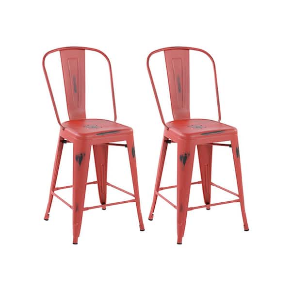 Homy Casa THOCAR 24 in. Kitchen Counter Height Red Metal Bar Stools with Slat High Backrest, Indoor Outdoor Set of 2