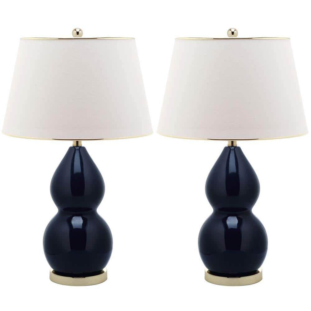 Navy Ceramic Double Gourd Table Lamp Set with Off-White Shades