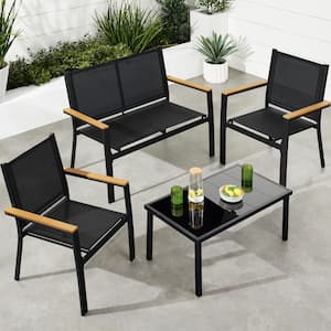 Black 4-Piece Outdoor Black Textilene Metal Patio Conversation Furniture Set w/ Loveseat, Table