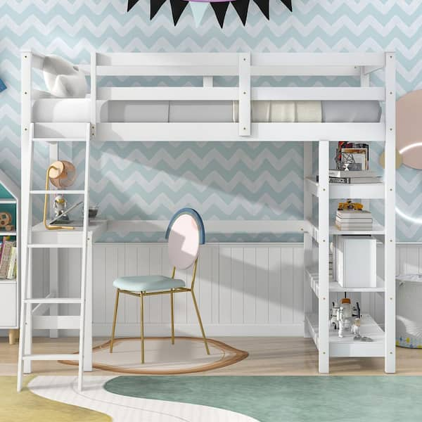 White loft bed outlet with desk and storage