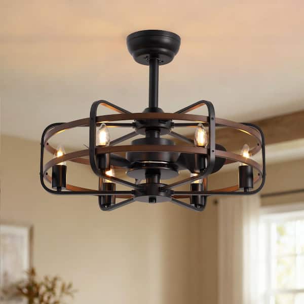 25 in. Walnut Rustic Fandelier Ceiling Fan with 6 Lights, Quiet DC Motor and Remote Control