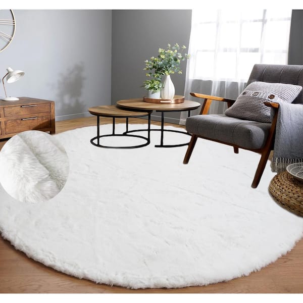 Mmlior White 8 ft. x 8 ft. Soft Faux Rabbit Fur Round Area Rug