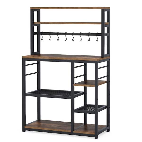 BYBLIGHT Keenyah Brown Baker's Rack with 5-Tier and 8-Hooks, Kitchen Microwave Oven Stand with Storage Shelves