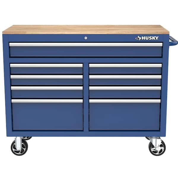 Husky Tool Storage 46 in. W x 18 in. D 9-Drawer Gloss Blue Mobile