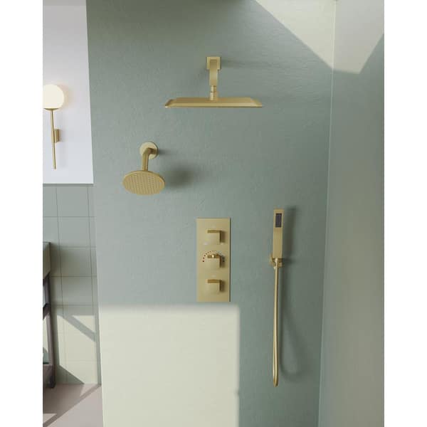 GRANDJOY ZenithRain Shower System 5-Spray 12 and 6 in. Dual Wall Mount Fixed and Handheld Shower Head 2.5 GPM in Brushed Gold