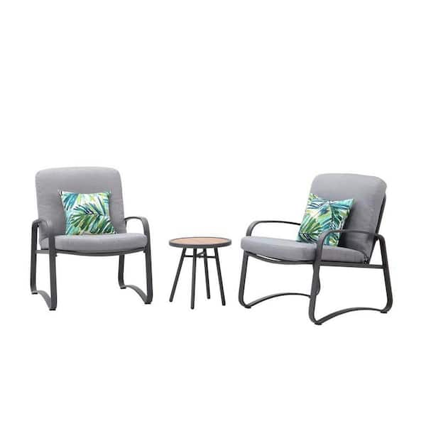 Black 3-Piece Metal Outdoor Bistro Set with Washed Gray Cushion for Outside Porch Balcony Garden Backyard