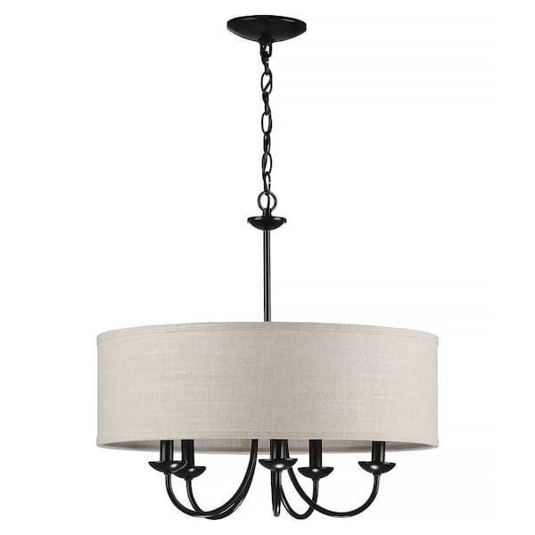 Drum Shade Collection Farmhouse 21-5/8 in. 5-Light Matte Black with Harvest Linen Shade Chandelier Light