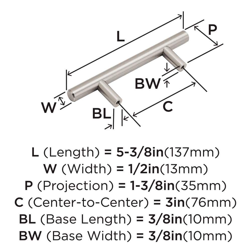 Satin Nickel 3 Inch Modern Bar Cabinet Pulls - 10 Pack