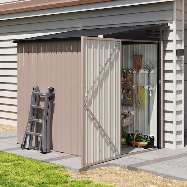 4 ft. D x 6 ft. W Outdoor Storage Shed Metal Storage Lean-To Shed with Lockable Door Brown (22 sq. ft.)