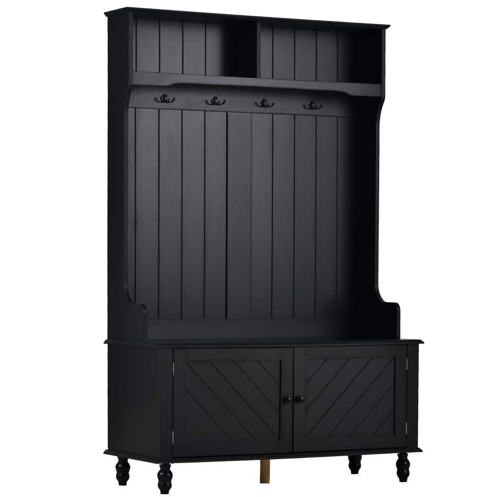40.1 in. W x 17.7 in. D x 65 in. H Black Wood Linen Cabinet with Hall Tree,