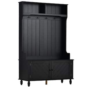 40.1 in. W x 17.7 in. D x 65 in. H Black Wood Linen Cabinet with Hall Tree, Storage Bench, 4 Hooks and Hanging Bar