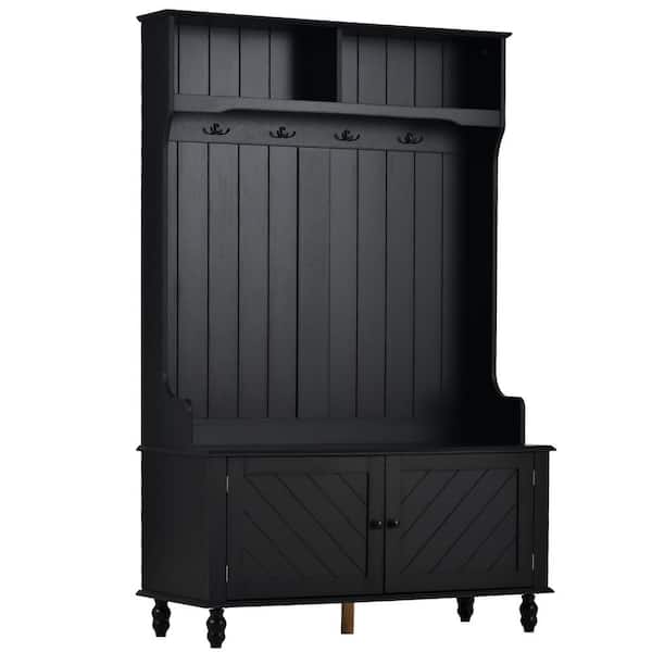 Unbranded 40.1 in. W x 17.7 in. D x 65 in. H Black Wood Linen Cabinet with Hall Tree, Storage Bench, 4 Hooks and Hanging Bar