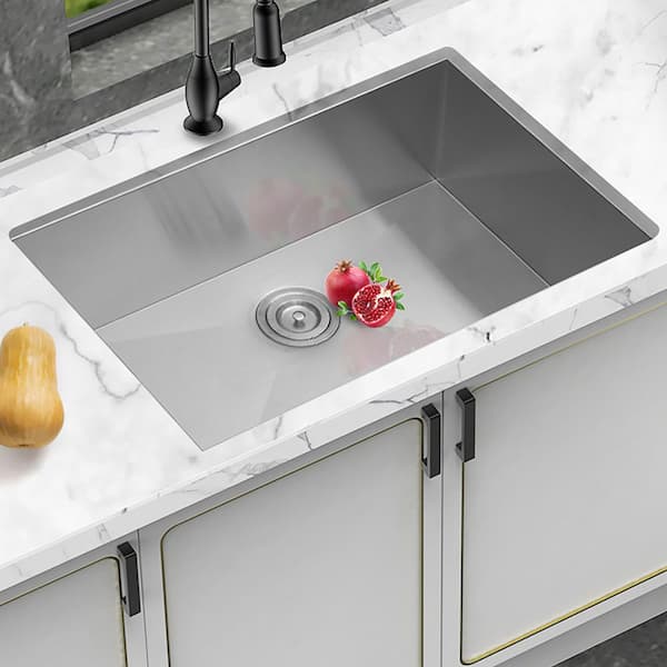 28 in. Undermount Single Bowl 16 Gauge Brushed Nickel Stainless Steel Kitchen Sink with Drain Assembly