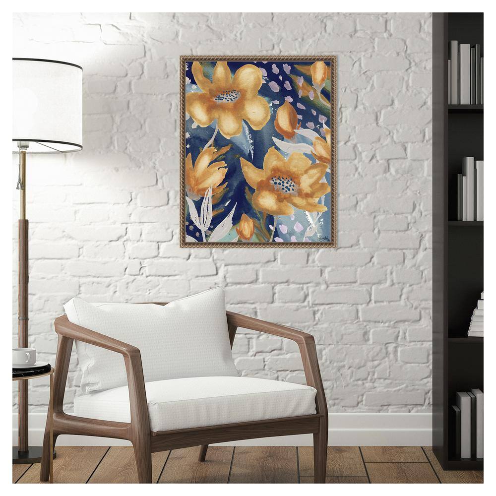 Golden Floral and Silver Petals Beaded Framed Canvas Wall Art