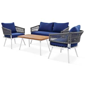 4-Piece Boho Rope Patio Furniture Set, with Acacia Wood Table, Patio Conversation Set with Cushion, Navy Blue