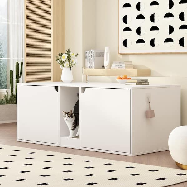 Wooden Hidden Cat Litter Box Enclosure Furniture, Indoor Cat Washroom End Table with Double Room and Litter Catch