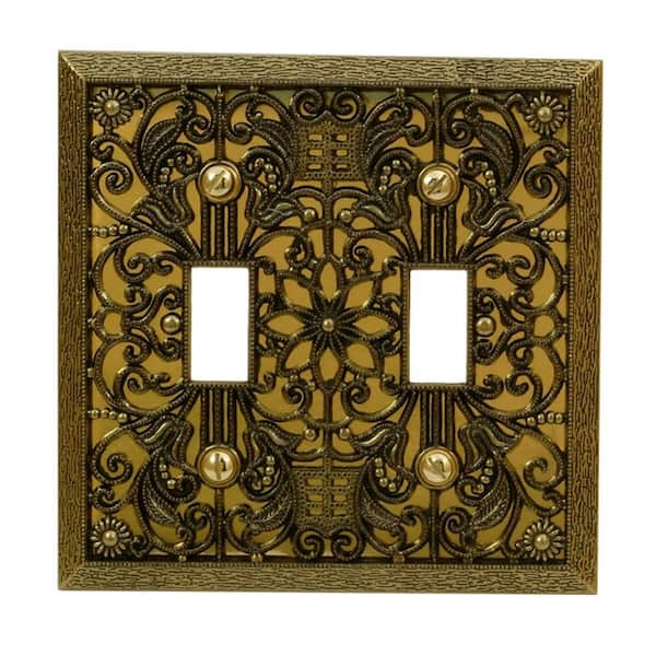 AMERELLE Filigree 2 Gang Toggle Metal Wall Plate - Antique Brass