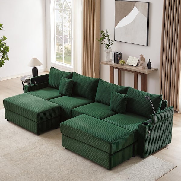 Nestfair 123.2 in. Corduroy Sectional Sofa in. Green with 2 Movable Ottomans, 2 USB Ports and 2 Cup Holders