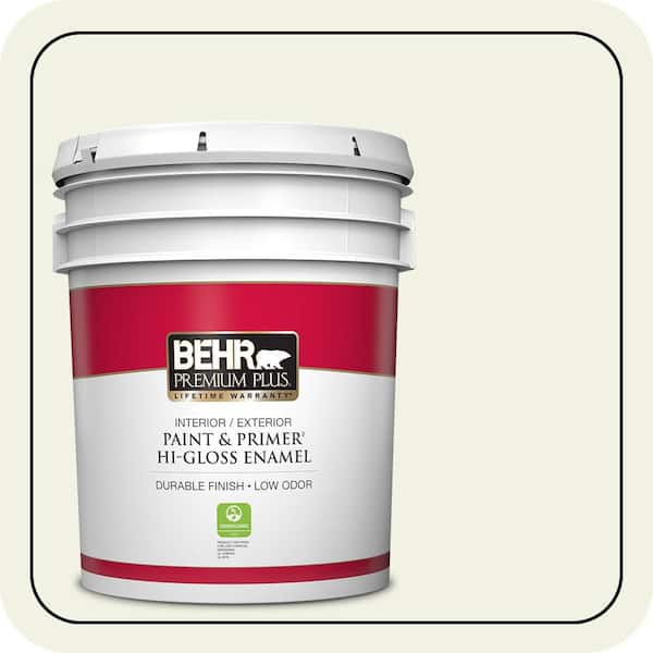 BEHR PREMIUM PLUS 5 gal. #W-F-710 Hushed White Hi-Gloss Enamel Interior/Exterior Paint & Primer