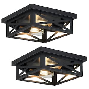 9.8 in. 2-Light Farmhouse Square Black Flush Mount Ceiling Light with No Bulbs Included (2-Pack)