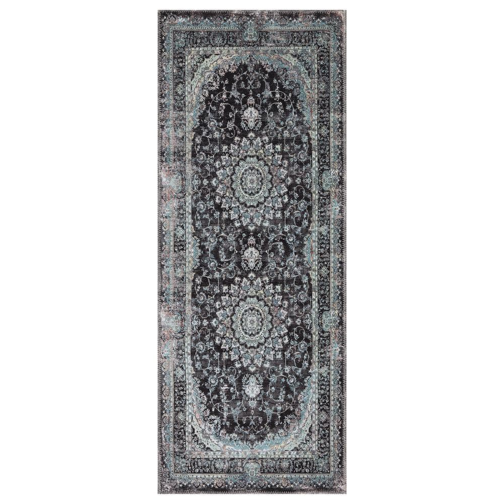 Ottomanson Non Shedding Washable Wrinkle-free Flatweave Medallion 2x5  Indoor Living Room Runner Rug, 20 in. x 59 in., Black LSB4808-2X5 - The  Home Depot