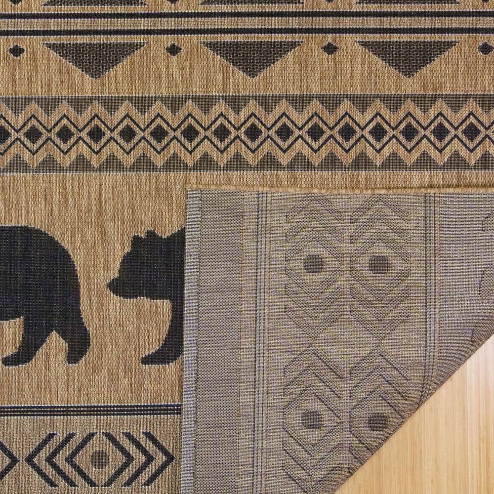 Chestnut Brown and Black Synthetic Bear Print Outdoor Rug