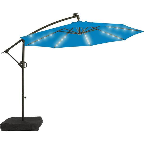 PASAMIC 10 ft. Aluminum Solar Patio Offset Umbrella Outdoor Cantilever Umbrella Hanging Umbrellas with Weighted Base Royal Blue