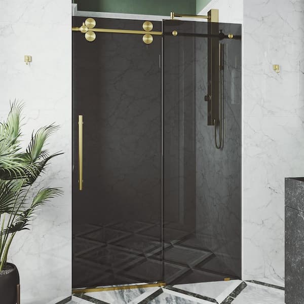 VIGO Elan 68 to 72 in. W x 74 in. H Sliding Frameless Shower Door in Matte Brushed Gold with 3/8 in. (10mm) Black Tint Glass